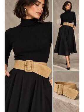 Next 100% Leather Tan Wide Waist Belt S Covered Buckle Boho Y2K